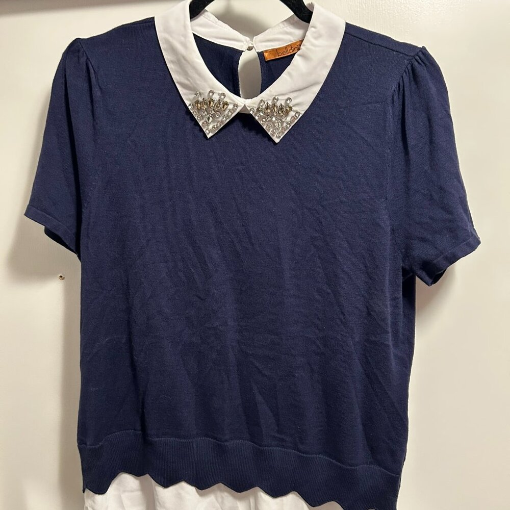 Belldini Navy Twofer Sweater with Rhinestone Embellishments